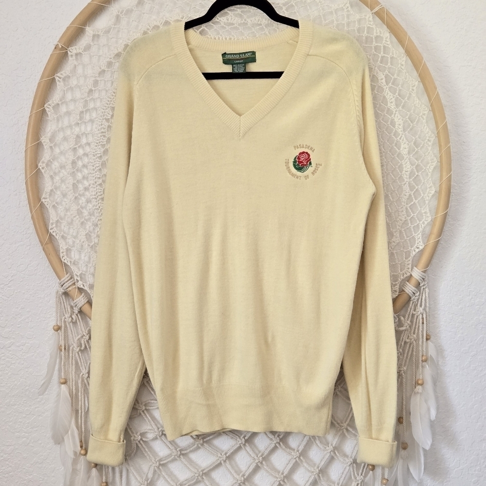 Vintage Pasadena Tournament of Roses Butter Cream V-Neck Preppy Men's Sweater L